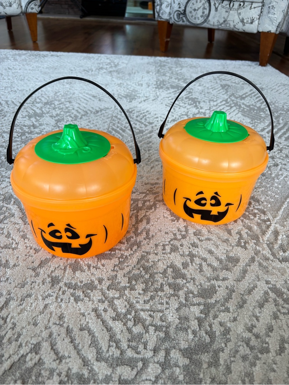Pair of Vintage McDonald's Orange Pumpkin Treat Buckets with Green Tops EUC